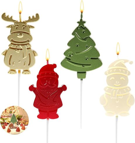 4pcs Christmas Themed Candles, 2.56" in Candle Length Christmas Cake Candles Elk Snowman Xmas Tree Santa Claus Shaped Birthday Cake Candles for Winter Holiday Party Home Gathering in Saudi Arabia
