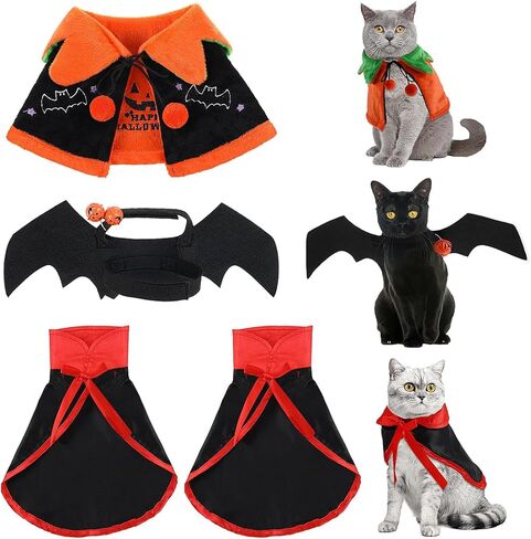 4 Pcs Pet Cat Halloween Costume Dog Vampire Cloak Reversible Cute Cat Pumpkin Cape Bat Wings with Bells for Pet Dog Cat Cosplay Holiday Halloween Party Decor (Black, Red, Orange, Solid Pattern) in Saudi Arabia