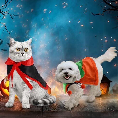 4 Pcs Pet Cat Halloween Costume Dog Vampire Cloak Reversible Cute Cat Pumpkin Cape Bat Wings with Bells for Pet Dog Cat Cosplay Holiday Halloween Party Decor (Black, Red, Orange, Solid Pattern) in Saudi Arabia