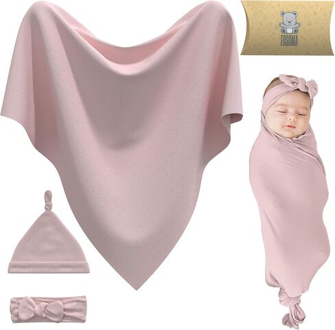 TOSOMA Baby Girl Newborn Receiving Blanket with Matching Headband Bow and Beanie Set Soft and Cozy Baby Swaddle Nursery Hat  in Saudi Arabia