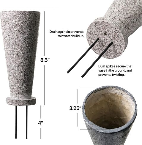 Everlasting Silk Flowers Cemetery Vase with Stakes - Plastic Flower Vases with 2 Ground Spikes, Draining Holes - for Garden, Lawn, Yard - Memorial Grave Decorations 12.7x3.4x3.9, Grey Granite Design in Saudi Arabia