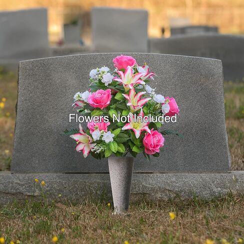 Everlasting Silk Flowers Cemetery Vase with Stakes - Plastic Flower Vases with 2 Ground Spikes, Draining Holes - for Garden, Lawn, Yard - Memorial Grave Decorations 12.7x3.4x3.9, Grey Granite Design in Saudi Arabia