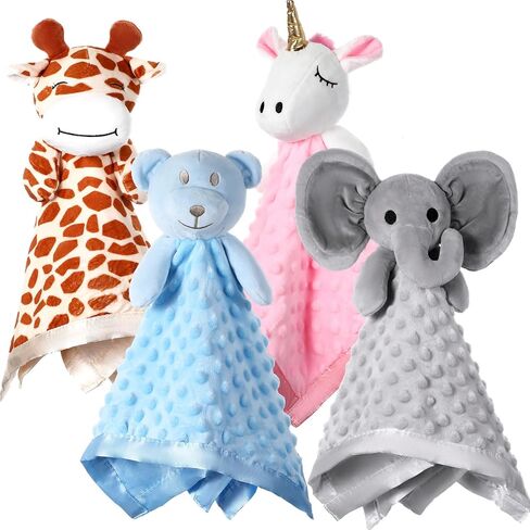 Moukeren 4 Pieces Baby Security Blanket Soft Baby Lovey Animal Baby Security Blankets with Stuffed Dot Fabric Silky Satin Backing for Newborn Infant and Baby, 4 Styles in Kuwait