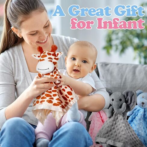 Moukeren 4 Pieces Baby Security Blanket Soft Baby Lovey Animal Baby Security Blankets with Stuffed Dot Fabric Silky Satin Backing for Newborn Infant and Baby, 4 Styles in Kuwait