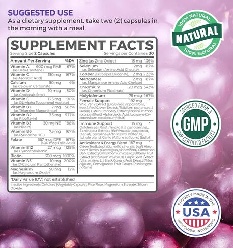 فيتامينات متعددة للنساء (غير معدلة وراثيا) فيتامينات ومعادن لتعزيز الطاقة ومضادات الاكسدة وصحة الشعر والعين - مع البيوتين والزنك والمغنيسيوم واللوتين - فيتامينات بلس - 60 كبسولة in Kuwait