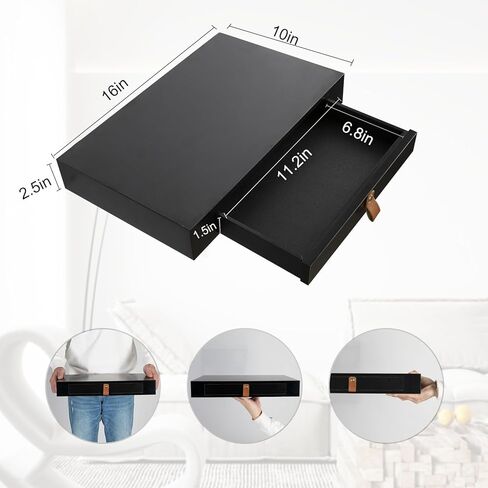 Floating Shelf with Drawer, Floating Nightstand for Bedroom-16" Wall Shelf, White Floating Shelf with Storage, Floating Shelf-Office Bathroom Kitchen Floating Bedside Table,16"D x 10"W x 2.5"H(Black) in Saudi Arabia