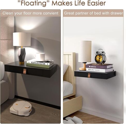 Floating Shelf with Drawer, Floating Nightstand for Bedroom-16" Wall Shelf, White Floating Shelf with Storage, Floating Shelf-Office Bathroom Kitchen Floating Bedside Table,16"D x 10"W x 2.5"H(Black) in Saudi Arabia