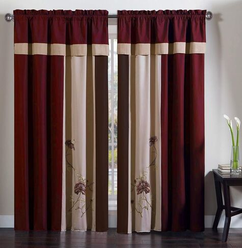 مجموعة Chezmoi Collection Vienna ستائر/ستائر نافذة مطرزة بالزهور مكونة من 4 قطع مع ظهر شفاف، ستارة قصيرة، شرابات، بني داكن داكن in Kuwait