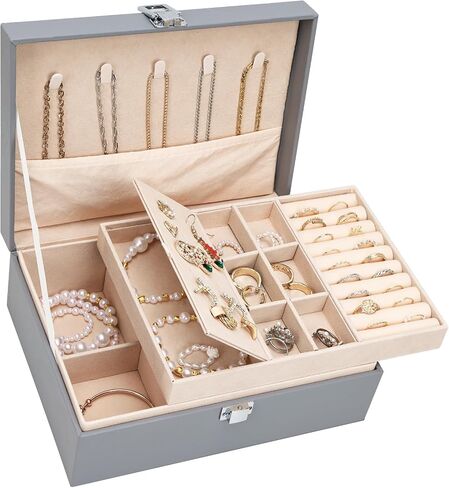 Fixwal Jewelry Box for Women Girls Wife 2 Layer Jewelry Organizer with Removable Tray Ideal Gift for Display Earrings Bracelets Rings Necklaces, PU Leather & Soft Velvet Lined Jewelry Case, Grey in Saudi Arabia