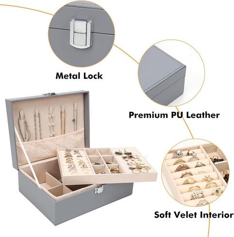 Fixwal Jewelry Box for Women Girls Wife 2 Layer Jewelry Organizer with Removable Tray Ideal Gift for Display Earrings Bracelets Rings Necklaces, PU Leather & Soft Velvet Lined Jewelry Case, Grey in Saudi Arabia