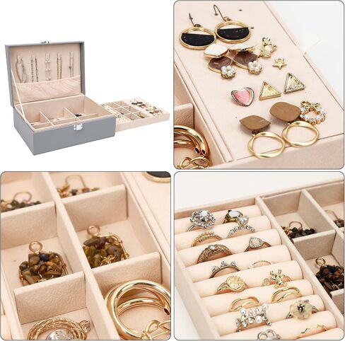 Fixwal Jewelry Box for Women Girls Wife 2 Layer Jewelry Organizer with Removable Tray Ideal Gift for Display Earrings Bracelets Rings Necklaces, PU Leather & Soft Velvet Lined Jewelry Case, Grey in Saudi Arabia