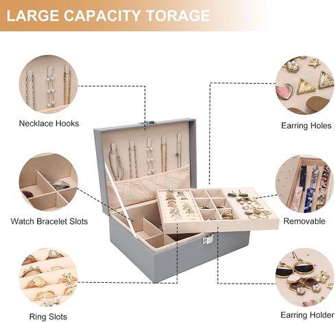 Fixwal Jewelry Box for Women Girls Wife 2 Layer Jewelry Organizer with Removable Tray Ideal Gift for Display Earrings Bracelets Rings Necklaces, PU Leather & Soft Velvet Lined Jewelry Case, Grey in Saudi Arabia