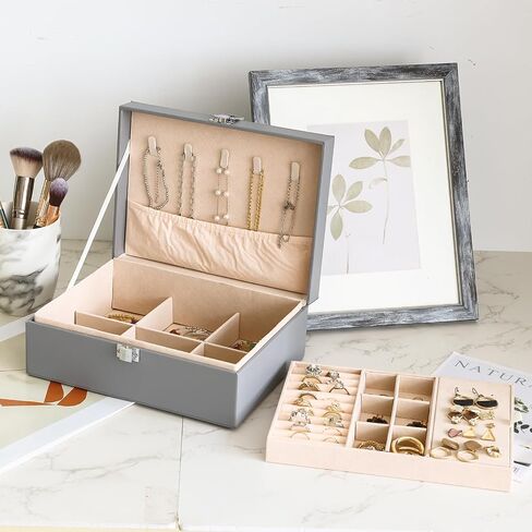 Fixwal Jewelry Box for Women Girls Wife 2 Layer Jewelry Organizer with Removable Tray Ideal Gift for Display Earrings Bracelets Rings Necklaces, PU Leather & Soft Velvet Lined Jewelry Case, Grey in Saudi Arabia