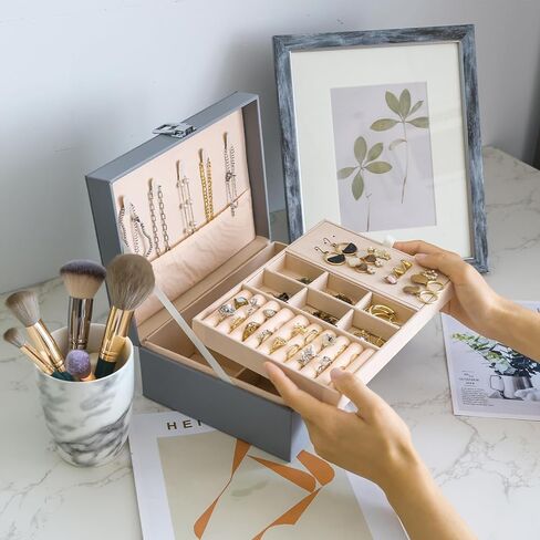 Fixwal Jewelry Box for Women Girls Wife 2 Layer Jewelry Organizer with Removable Tray Ideal Gift for Display Earrings Bracelets Rings Necklaces, PU Leather & Soft Velvet Lined Jewelry Case, Grey in Saudi Arabia