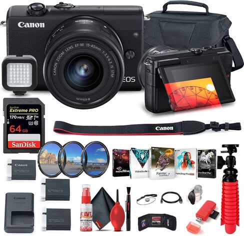 Canon EOS M200 Mirrorless Digital Camera with 15-45mm Lens (Black) (3699C009) + 64GB Memory Card + Case + Filter Kit + Corel Photo Software + 2 x LPE12 Battery + External Charger + More (Renewed) in Saudi Arabia