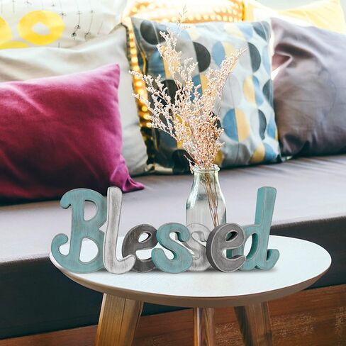 Teal Blessed Wooden Letters Wall Decor Freestanding Cut Out Decorative Wood Word Decor Signs for Living Room Shelf Mantel Table Top Rustic Home Decor in Kuwait