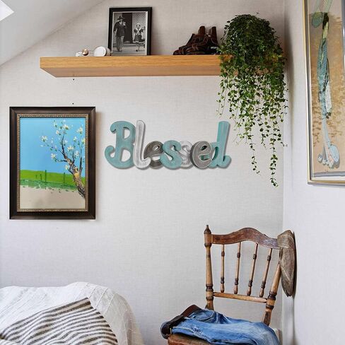 Teal Blessed Wooden Letters Wall Decor Freestanding Cut Out Decorative Wood Word Decor Signs for Living Room Shelf Mantel Table Top Rustic Home Decor in Kuwait