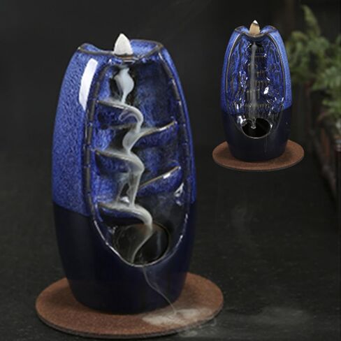 YYXHZC حامل بخور بتدفق خلفي على الجانبين، مبخرة شلال من السيراميك مصنوعة يدويًا مع 120 مخروط بخور بتدفق خلفي + 30 عصا بخور، زينة منزلية برائحة العلاج العطري (أزرق) in Kuwait