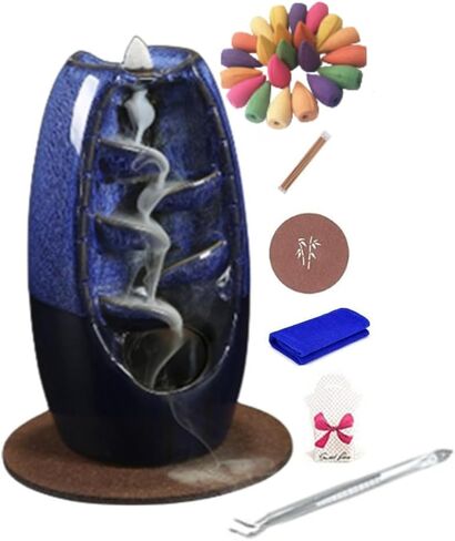 YYXHZC حامل بخور بتدفق خلفي على الجانبين، مبخرة شلال من السيراميك مصنوعة يدويًا مع 120 مخروط بخور بتدفق خلفي + 30 عصا بخور، زينة منزلية برائحة العلاج العطري (أزرق) in Kuwait