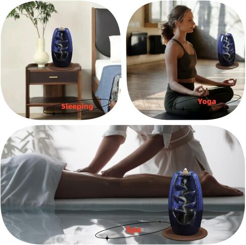 YYXHZC حامل بخور بتدفق خلفي على الجانبين، مبخرة شلال من السيراميك مصنوعة يدويًا مع 120 مخروط بخور بتدفق خلفي + 30 عصا بخور، زينة منزلية برائحة العلاج العطري (أزرق) in Kuwait