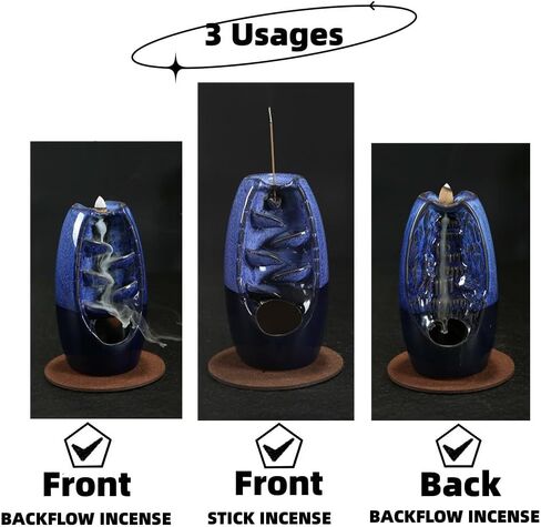YYXHZC حامل بخور بتدفق خلفي على الجانبين، مبخرة شلال من السيراميك مصنوعة يدويًا مع 120 مخروط بخور بتدفق خلفي + 30 عصا بخور، زينة منزلية برائحة العلاج العطري (أزرق) in Kuwait