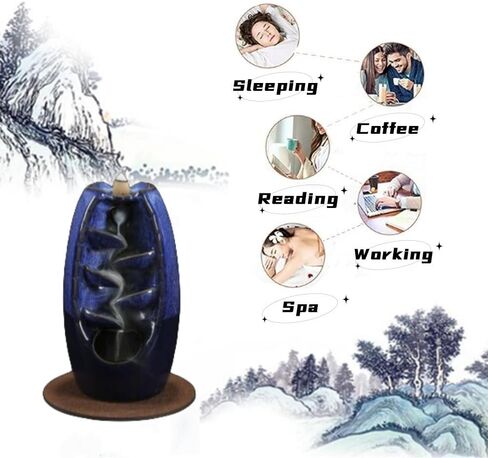 YYXHZC حامل بخور بتدفق خلفي على الجانبين، مبخرة شلال من السيراميك مصنوعة يدويًا مع 120 مخروط بخور بتدفق خلفي + 30 عصا بخور، زينة منزلية برائحة العلاج العطري (أزرق) in Kuwait