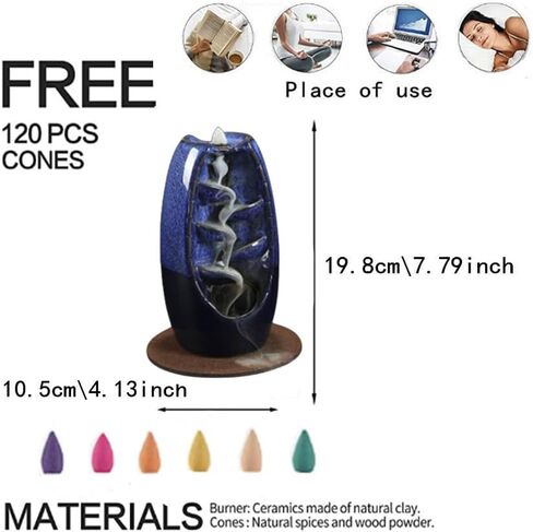 YYXHZC حامل بخور بتدفق خلفي على الجانبين، مبخرة شلال من السيراميك مصنوعة يدويًا مع 120 مخروط بخور بتدفق خلفي + 30 عصا بخور، زينة منزلية برائحة العلاج العطري (أزرق) in Kuwait