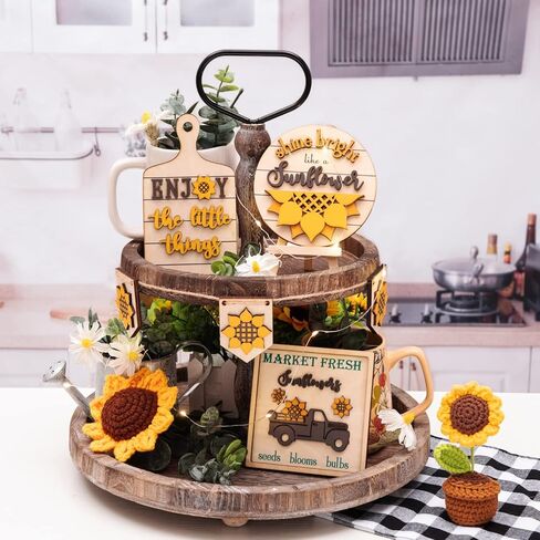 Sunflower Decor | Sunflower Farmhouse Tiered Tray Decor -Sunflower Decorations for Home - Sunflower Gifts for Women - Crochet Sunflowers - Wooden Signs for Kitchen (Yellow) in Kuwait