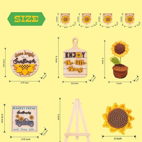 Sunflower Decor | Sunflower Farmhouse Tiered Tray Decor -Sunflower Decorations for Home - Sunflower Gifts for Women - Crochet Sunflowers - Wooden Signs for Kitchen (Yellow) in Kuwait