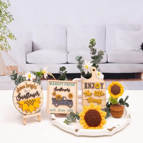 Sunflower Decor | Sunflower Farmhouse Tiered Tray Decor -Sunflower Decorations for Home - Sunflower Gifts for Women - Crochet Sunflowers - Wooden Signs for Kitchen (Yellow) in Kuwait