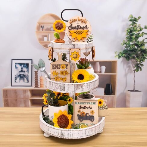 Sunflower Decor | Sunflower Farmhouse Tiered Tray Decor -Sunflower Decorations for Home - Sunflower Gifts for Women - Crochet Sunflowers - Wooden Signs for Kitchen (Yellow) in Kuwait