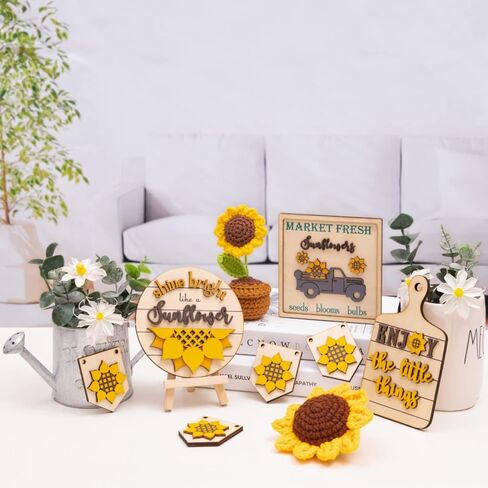 Sunflower Decor | Sunflower Farmhouse Tiered Tray Decor -Sunflower Decorations for Home - Sunflower Gifts for Women - Crochet Sunflowers - Wooden Signs for Kitchen (Yellow) in Kuwait