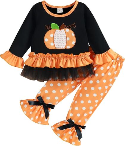 DUBASAM أطفال طفل رضيع فتاة هالوين الزي كشكش الدانتيل اليقطين تي شيرت نقطة علوية مضيئة السراويل 2 قطعة مجموعة ملابس الخريف in Kuwait
