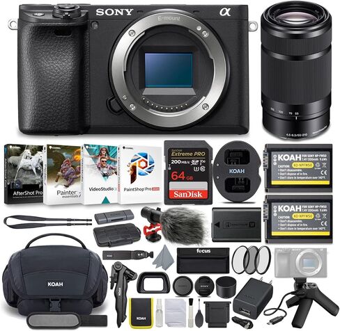 Sony Alpha a6400 Mirrorless Digital Camera (Body Only) Bundle with E-Mount Lens (Black), Shooting Grip and Tripod, Camera System Gadget Bag, 64GB Memory Card, 1300mAh Battery (2-Pack) (11 Items) in Saudi Arabia