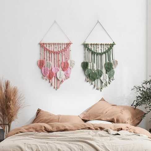 Cutey May Wall Hanging Leaves 19x27 Large Chic Feather Wall Hanging Boho Wall Decor, Handmade Yarn Woven Wall Art Leaf Tapestry for Bedroom, Living Room, Hotel (Green) in Kuwait