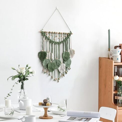 Cutey May Wall Hanging Leaves 19x27 Large Chic Feather Wall Hanging Boho Wall Decor, Handmade Yarn Woven Wall Art Leaf Tapestry for Bedroom, Living Room, Hotel (Green) in Kuwait