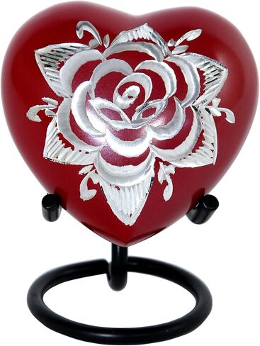 تذكار قلب الوردة الحمراء - جرة حرق جثث القلب الصغيرة مع حامل وصندوق ممتاز - جرة تذكار أرجوانية للرماد - جرة صغيرة للرماد للبالغين من الذكور والإناث in Kuwait