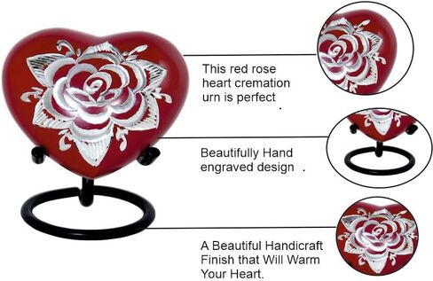 تذكار قلب الوردة الحمراء - جرة حرق جثث القلب الصغيرة مع حامل وصندوق ممتاز - جرة تذكار أرجوانية للرماد - جرة صغيرة للرماد للبالغين من الذكور والإناث in Kuwait
