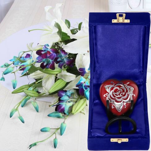 تذكار قلب الوردة الحمراء - جرة حرق جثث القلب الصغيرة مع حامل وصندوق ممتاز - جرة تذكار أرجوانية للرماد - جرة صغيرة للرماد للبالغين من الذكور والإناث in Kuwait