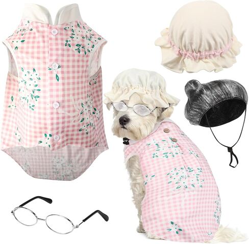 Sweetude 4 Pieces Old Lady Costume for Dog Grandma Dogs Costume with Pink Floral Dog Dress Old Lady Pets Wig Funny Dog Cat Retro Sunglasses Lace Sunbonnet for Halloween Riding Hood Pet Costume in Saudi Arabia