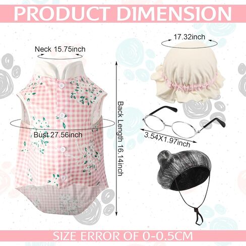 Sweetude 4 Pieces Old Lady Costume for Dog Grandma Dogs Costume with Pink Floral Dog Dress Old Lady Pets Wig Funny Dog Cat Retro Sunglasses Lace Sunbonnet for Halloween Riding Hood Pet Costume in Saudi Arabia