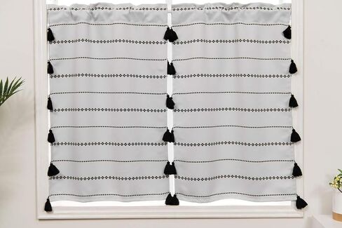 ستارة نافذة قصيرة مزينة بشرابة من YoKii Boho سوداء مخططة لتزيين غرفة المطبخ والحمام وغرفة المعيشة وديكور زوج من العرض 24 × الطول 36 الأبيض الفاتح in Kuwait