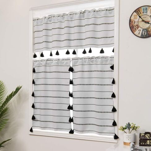 ستارة نافذة قصيرة مزينة بشرابة من YoKii Boho سوداء مخططة لتزيين غرفة المطبخ والحمام وغرفة المعيشة وديكور زوج من العرض 24 × الطول 36 الأبيض الفاتح in Kuwait