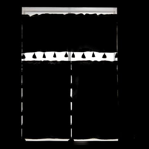 ستارة نافذة قصيرة مزينة بشرابة من YoKii Boho سوداء مخططة لتزيين غرفة المطبخ والحمام وغرفة المعيشة وديكور زوج من العرض 24 × الطول 36 الأبيض الفاتح in Kuwait