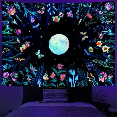 Ameyahud Blacklight Moonlit Garden نسيج الأشعة فوق البنفسجية رد الفعل القمر نسيج الأزهار زهرة نسيج النباتات الملونة نسيج الطبيعة النباتية نسيج الفراشة ليلة نسيج الجدار شنقا ديكور للمنزل in Kuwait