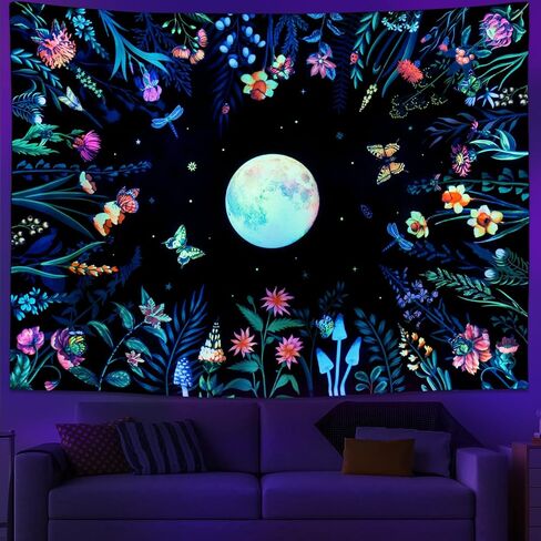 Ameyahud Blacklight Moonlit Garden نسيج الأشعة فوق البنفسجية رد الفعل القمر نسيج الأزهار زهرة نسيج النباتات الملونة نسيج الطبيعة النباتية نسيج الفراشة ليلة نسيج الجدار شنقا ديكور للمنزل in Kuwait