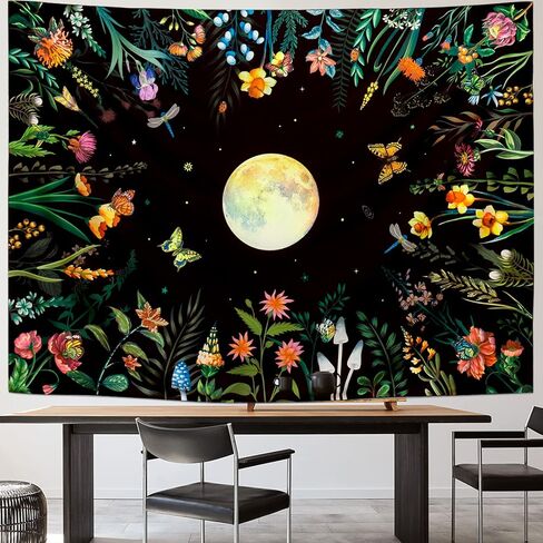 Ameyahud Blacklight Moonlit Garden نسيج الأشعة فوق البنفسجية رد الفعل القمر نسيج الأزهار زهرة نسيج النباتات الملونة نسيج الطبيعة النباتية نسيج الفراشة ليلة نسيج الجدار شنقا ديكور للمنزل in Kuwait