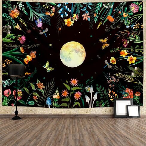 Ameyahud Blacklight Moonlit Garden نسيج الأشعة فوق البنفسجية رد الفعل القمر نسيج الأزهار زهرة نسيج النباتات الملونة نسيج الطبيعة النباتية نسيج الفراشة ليلة نسيج الجدار شنقا ديكور للمنزل in Kuwait