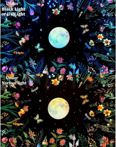 Ameyahud Blacklight Moonlit Garden نسيج الأشعة فوق البنفسجية رد الفعل القمر نسيج الأزهار زهرة نسيج النباتات الملونة نسيج الطبيعة النباتية نسيج الفراشة ليلة نسيج الجدار شنقا ديكور للمنزل in Kuwait