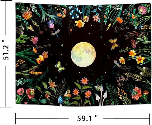 Ameyahud Blacklight Moonlit Garden نسيج الأشعة فوق البنفسجية رد الفعل القمر نسيج الأزهار زهرة نسيج النباتات الملونة نسيج الطبيعة النباتية نسيج الفراشة ليلة نسيج الجدار شنقا ديكور للمنزل in Kuwait